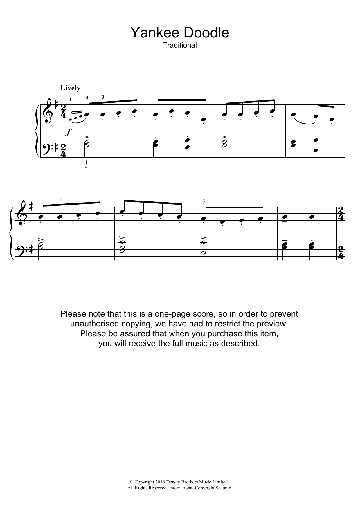 Traditional Nursery Rhyme Yankee Doodle sheet music notes and chords arranged for Easy Piano