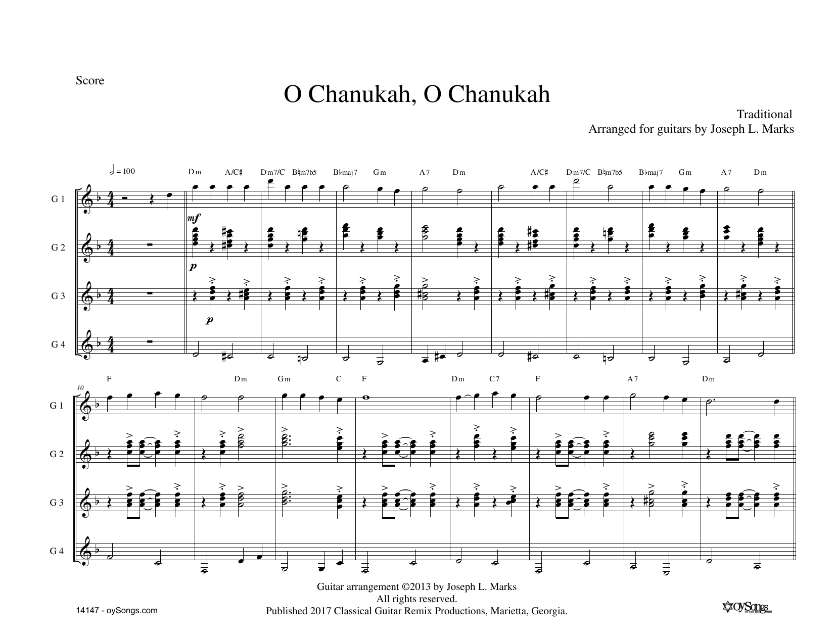 Traditional O Chanukah for Guitar Quartet (arr. Joe Marks) sheet music notes and chords arranged for Guitar Ensemble