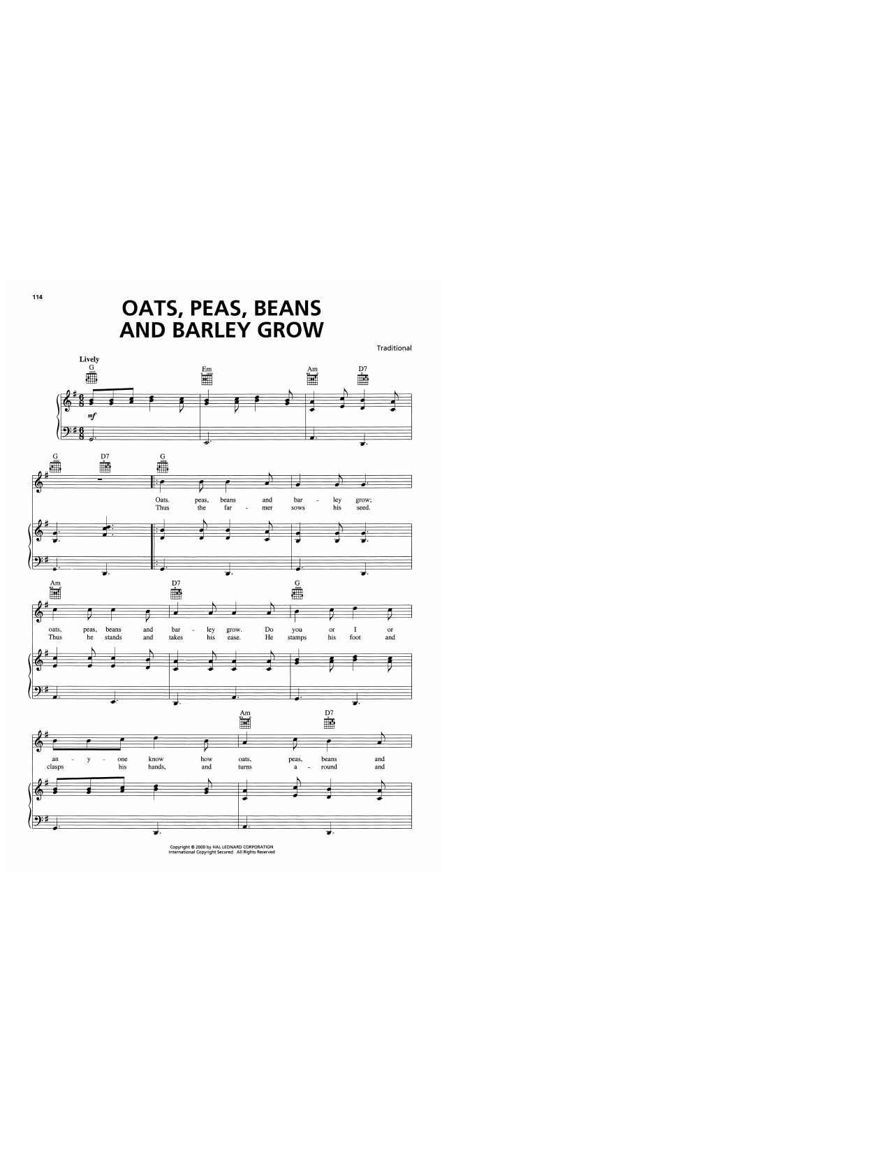 Traditional Oats, Peas, Beans And Barley Grow sheet music notes and chords arranged for Piano, Vocal & Guitar Chords (Right-Hand Melody)