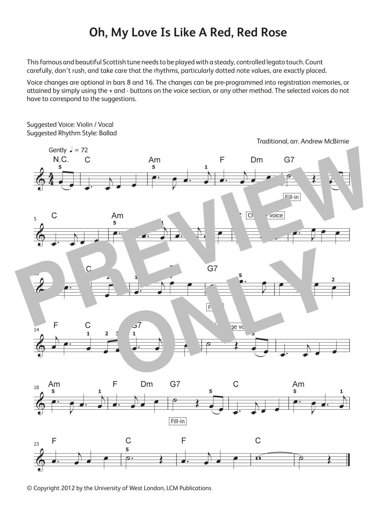 Traditional Oh, My Love is Like A Red Rose (from LCME Electronic Keyboard Grade 1 List A) sheet music notes and chords arranged for Piano Solo