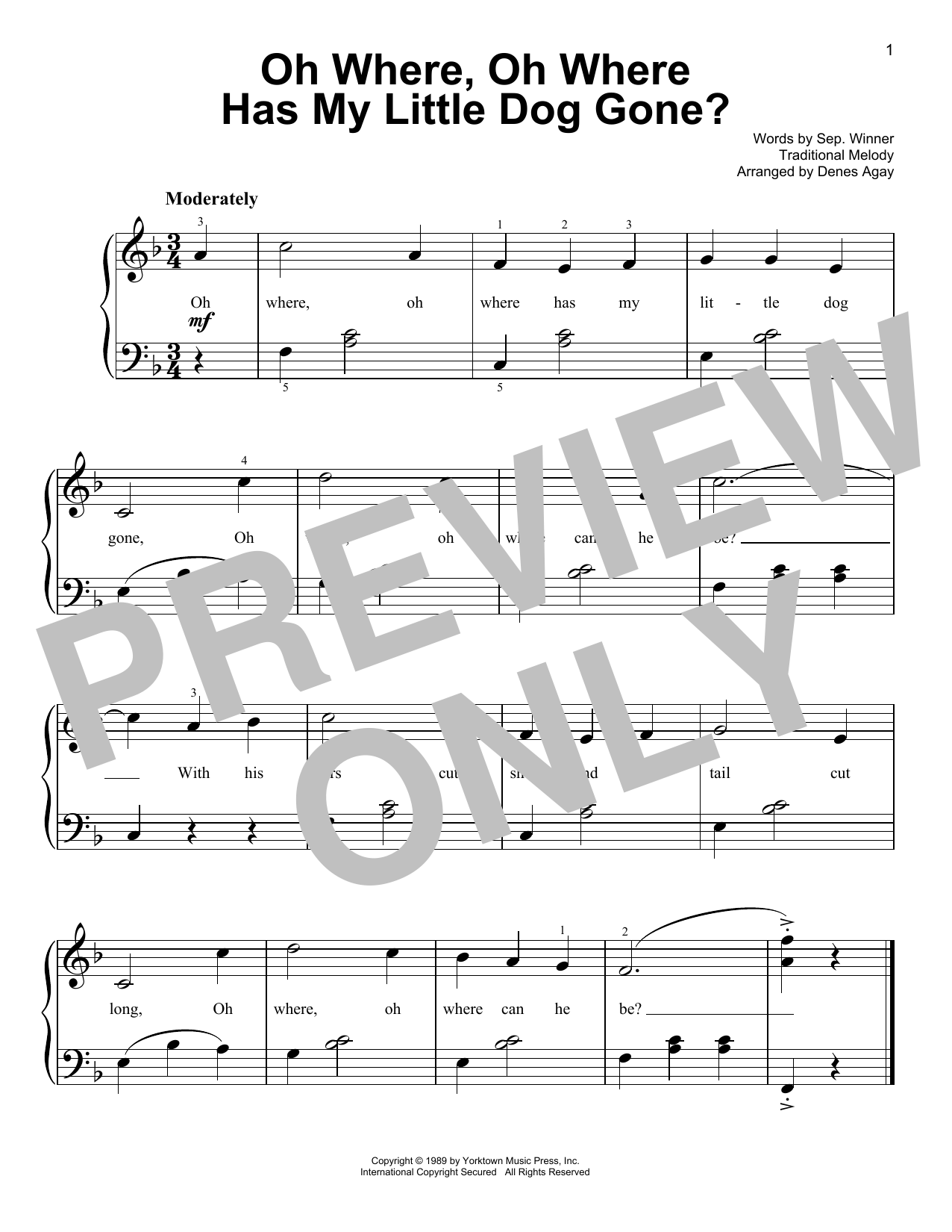 Traditional Oh Where, Oh Where Has My Little Dog Gone (arr. Denes Agay) sheet music notes and chords arranged for Easy Piano