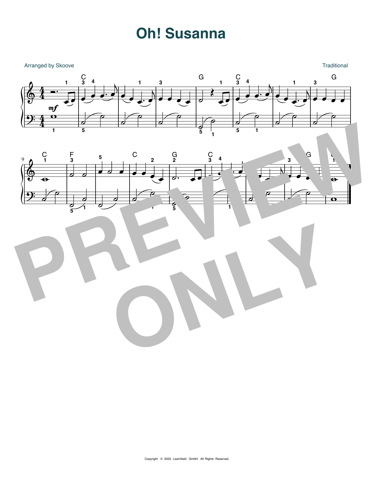 Traditional Oh! Susanna (arr. Skoove) sheet music notes and chords arranged for Beginner Piano (Abridged)