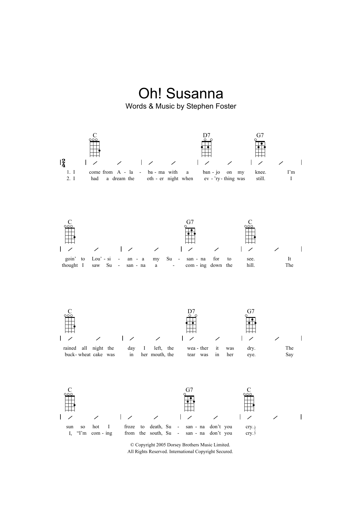 Traditional Oh! Susanna sheet music notes and chords arranged for Ukulele Chords/Lyrics