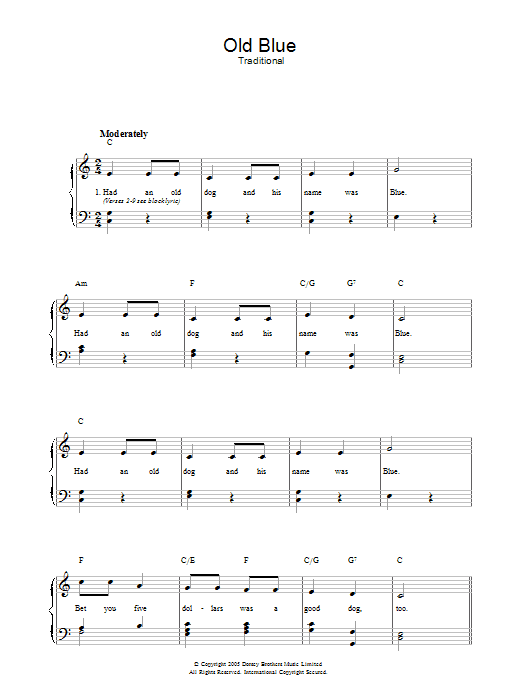 Traditional Old Blue sheet music notes and chords arranged for Easy Guitar Tab