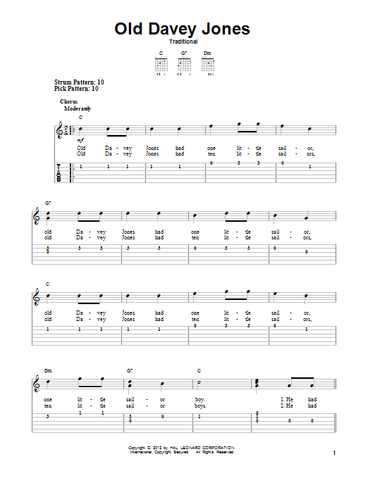 Traditional Old Davey Jones sheet music notes and chords arranged for Easy Guitar Tab
