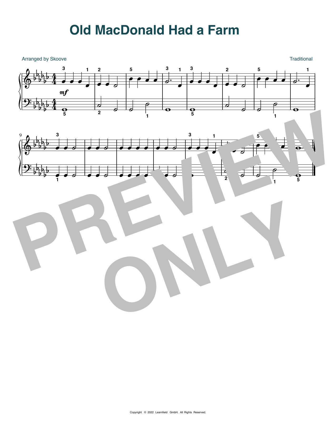 Traditional Old MacDonald Had A Farm (arr. Skoove) sheet music notes and chords arranged for Beginner Piano (Abridged)