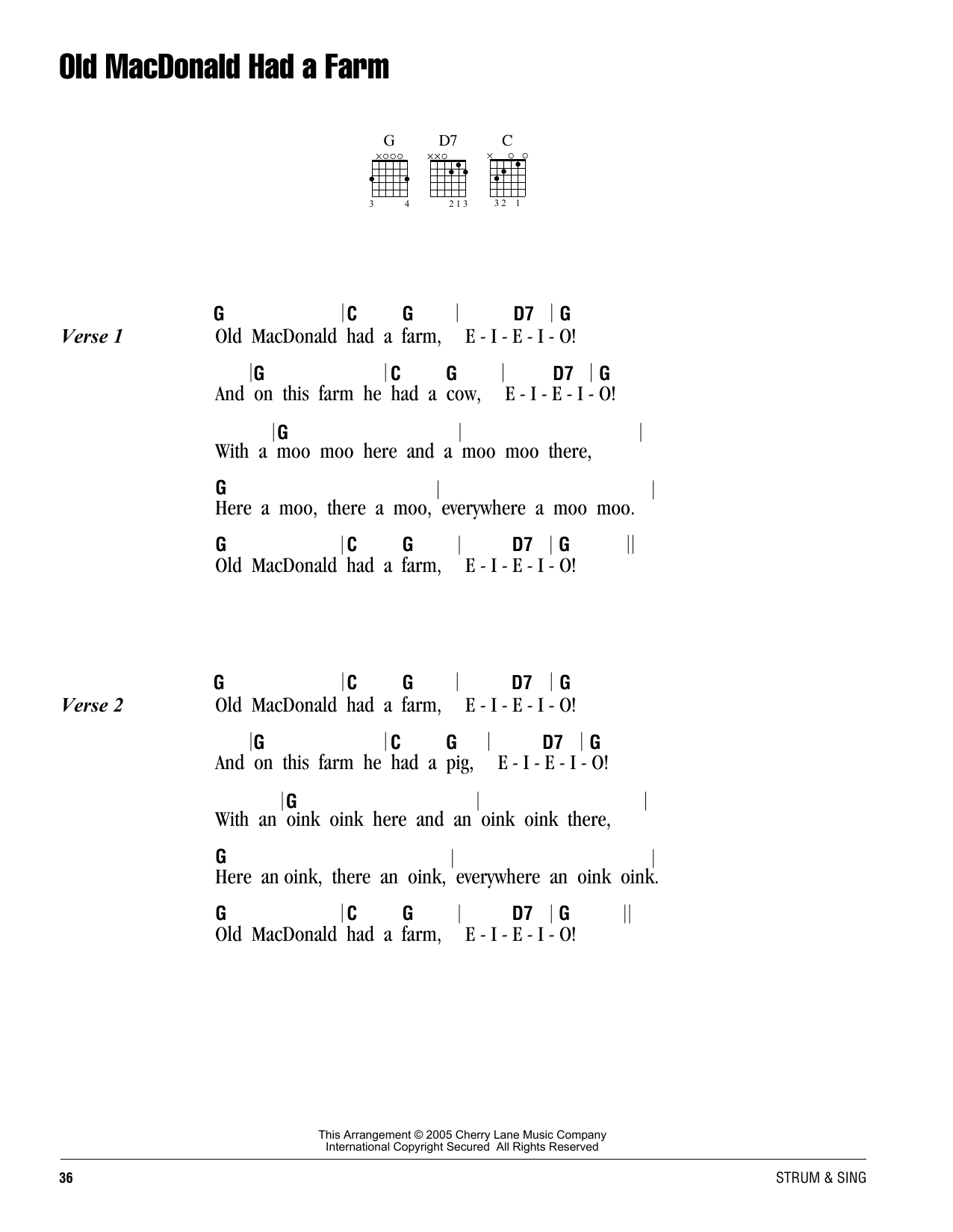 Traditional Old Macdonald Had A Farm sheet music notes and chords arranged for Easy Piano