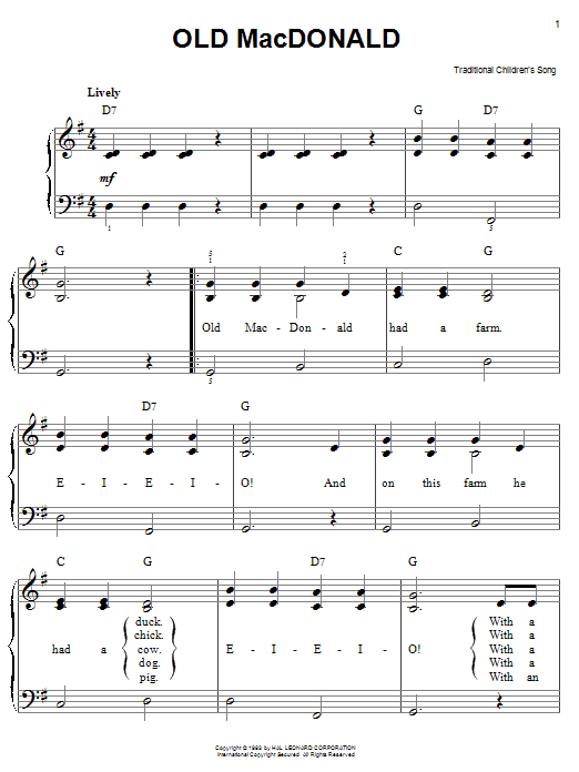 Traditional Old MacDonald sheet music notes and chords arranged for Ukulele