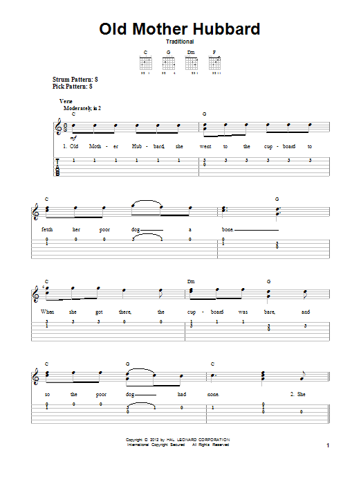 Traditional Old Mother Hubbard sheet music notes and chords arranged for Easy Guitar Tab
