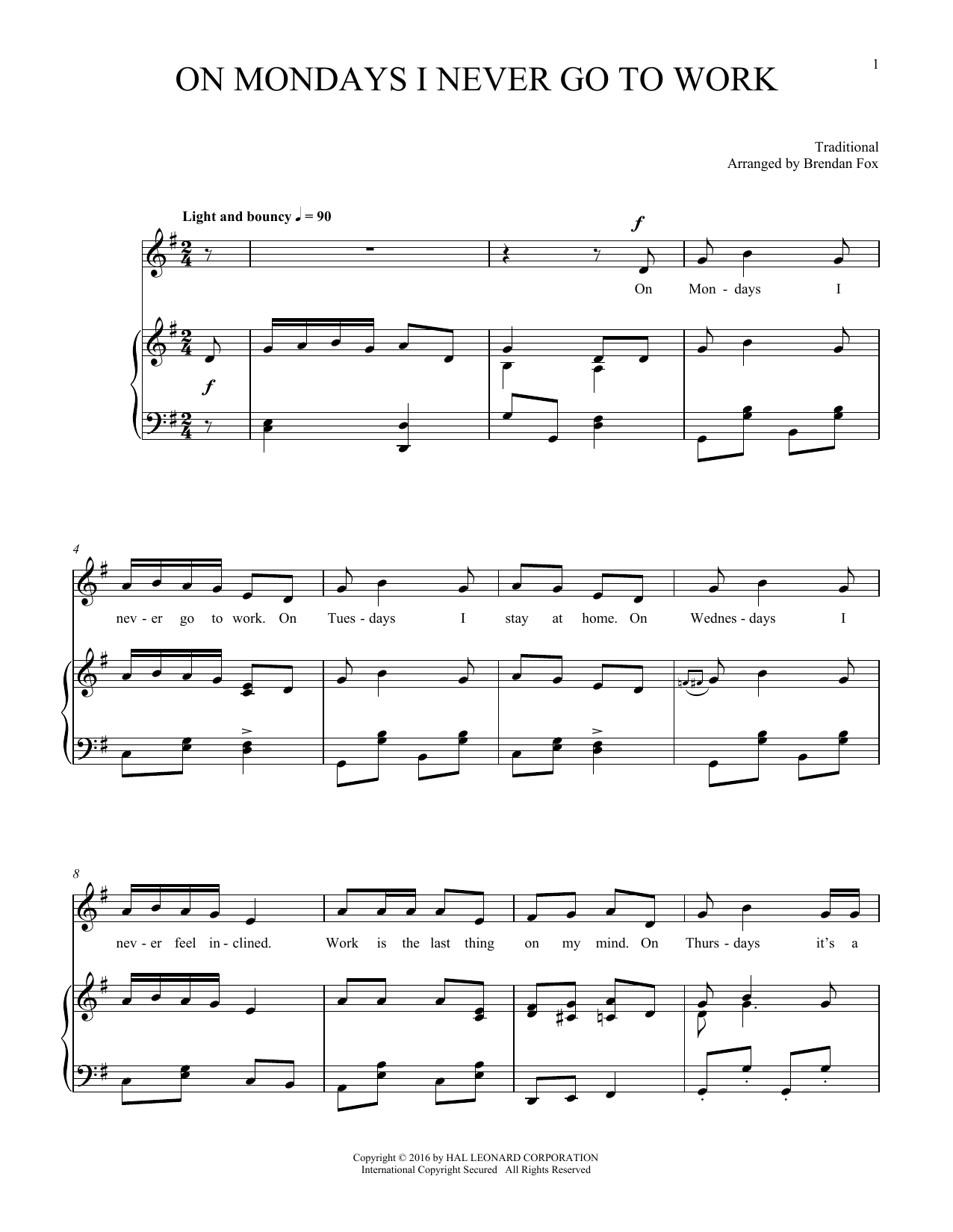 Traditional On Mondays I Never Go To Work sheet music notes and chords arranged for Piano & Vocal