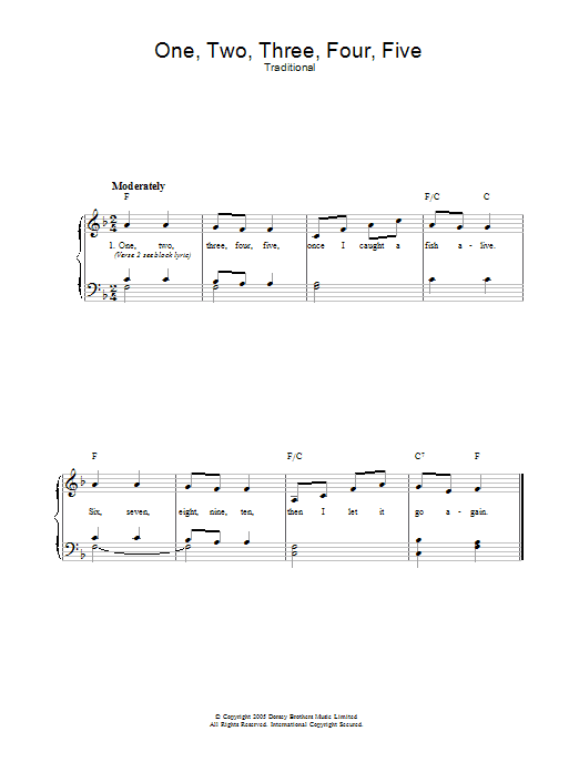 Traditional One Two Three Four Five sheet music notes and chords arranged for Piano, Vocal & Guitar Chords
