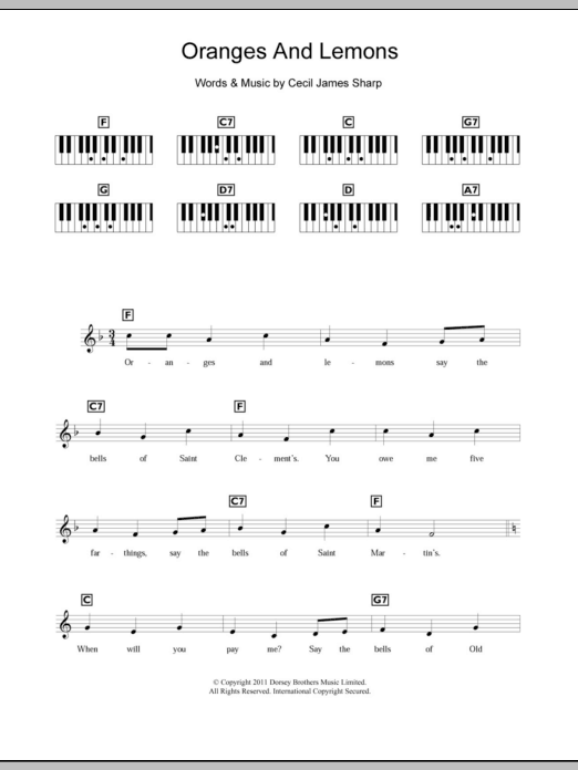 Traditional Oranges And Lemons sheet music notes and chords arranged for Piano Chords/Lyrics