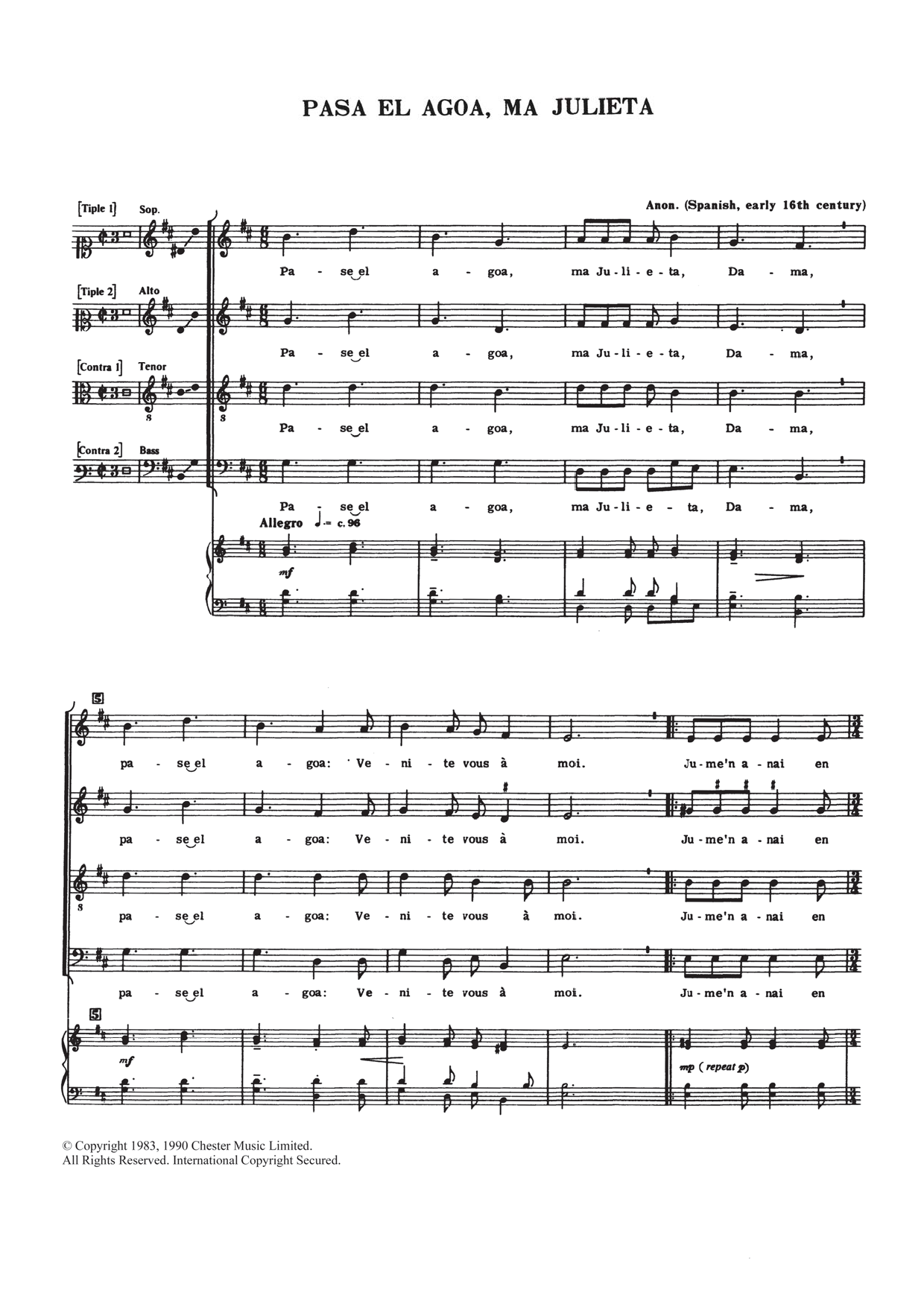 Traditional Pase El Agoa, Ma Julieta sheet music notes and chords arranged for SATB Choir