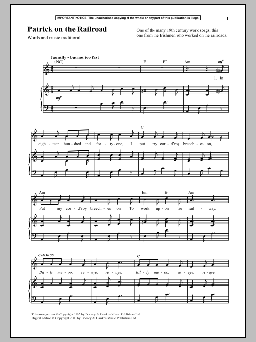 Traditional Patrick On The Railroad sheet music notes and chords arranged for Piano & Vocal