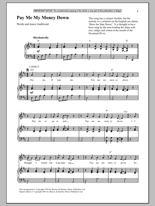 Traditional Pay Me My Money Down sheet music notes and chords arranged for Piano & Vocal