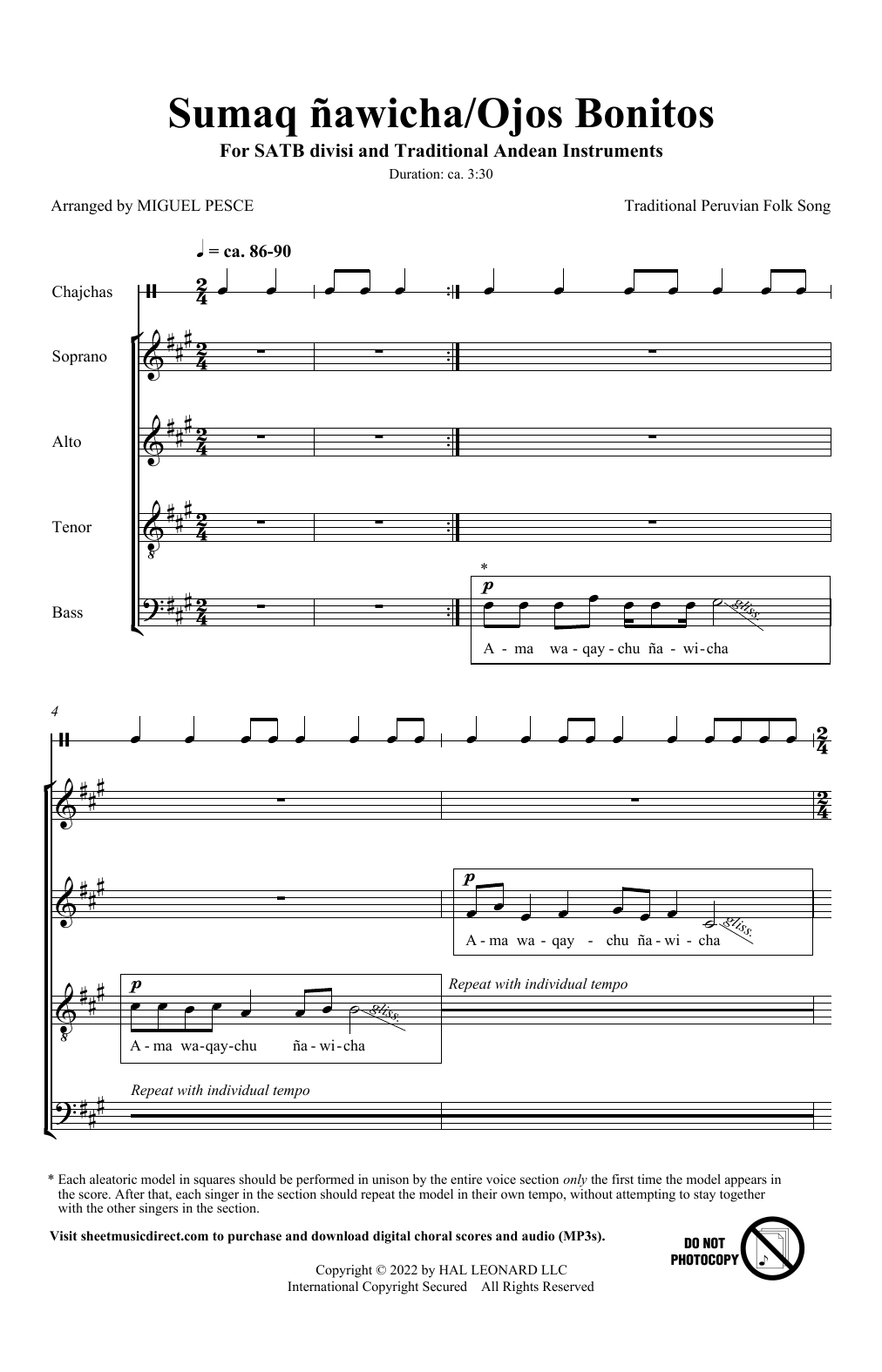 Traditional Peruvian Folk Song Sumaq Ñawicha/Ojos Bonitos (arr. Miguel Pesce) sheet music notes and chords arranged for Choir
