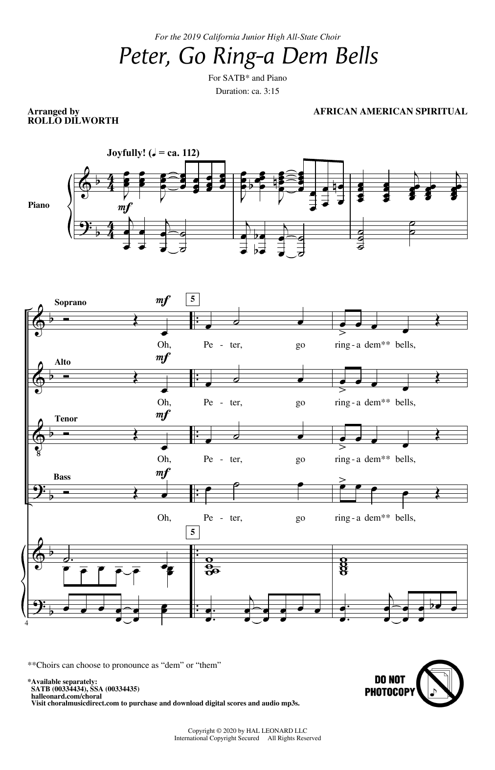 Traditional Peter Go Ring-A Dem Bells (arr. Rollo Dilworth) sheet music notes and chords arranged for SATB Choir