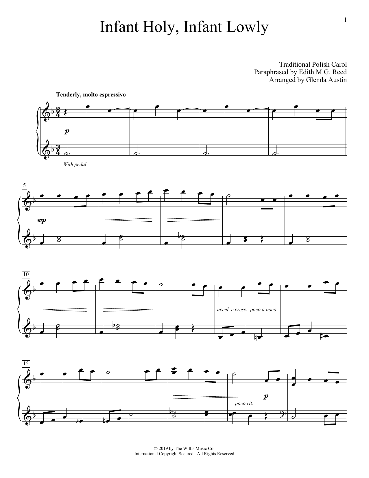 Traditional Polish Carol Infant Holy, Infant Lowly (arr. Glenda Austin) sheet music notes and chords arranged for Piano Solo