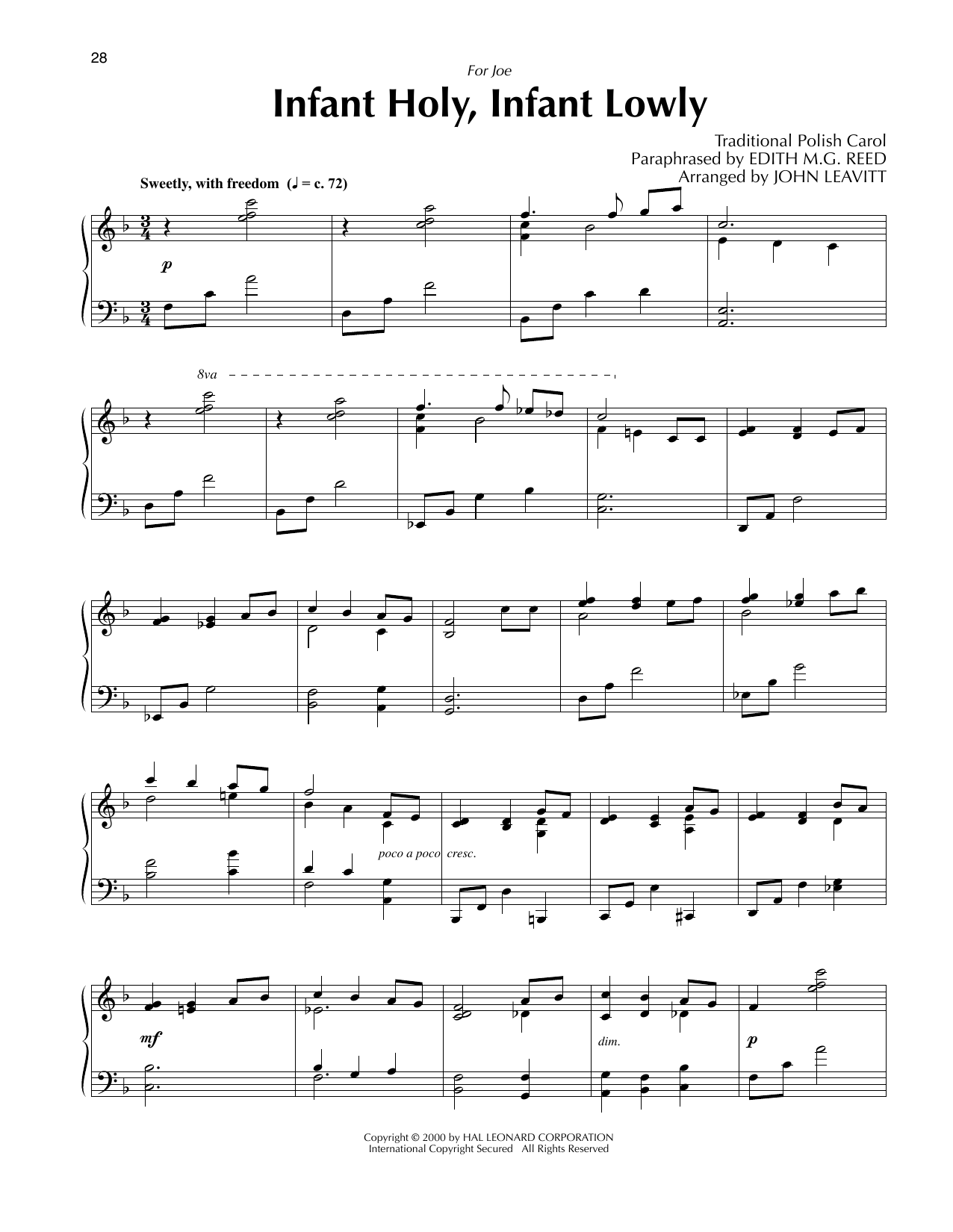 Traditional Polish Carol Infant Holy, Infant Lowly (arr. John Leavitt) sheet music notes and chords arranged for Piano Solo