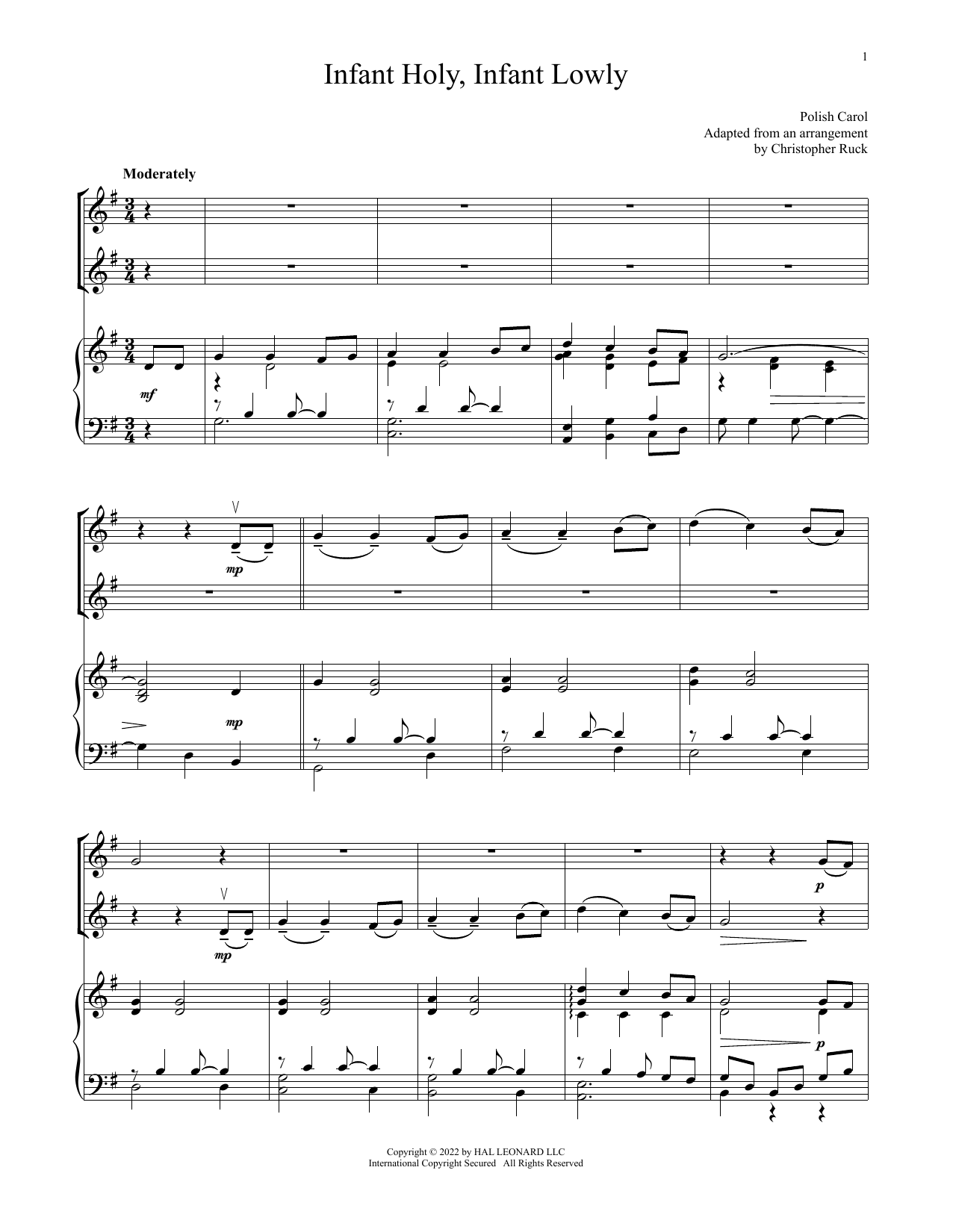 Traditional Polish Carol Infant Holy, Infant Lowly (for Violin Duet and Piano) sheet music notes and chords arranged for Violin and Piano