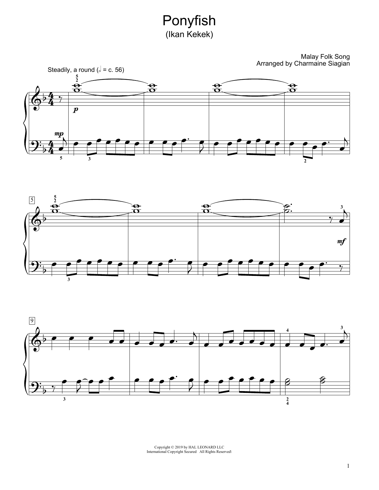 Traditional Ponyfish (Ikan Kekek) (arr. Charmaine Siagian) sheet music notes and chords arranged for Educational Piano