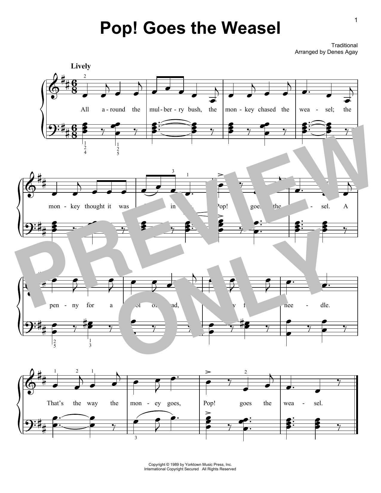 Traditional Pop Goes The Weasel (arr. Denes Agay) sheet music notes and chords arranged for Easy Piano