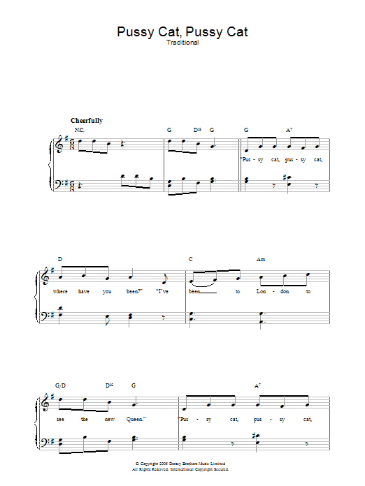Traditional Pussy Cat, Pussy Cat sheet music notes and chords arranged for Piano, Vocal & Guitar Chords