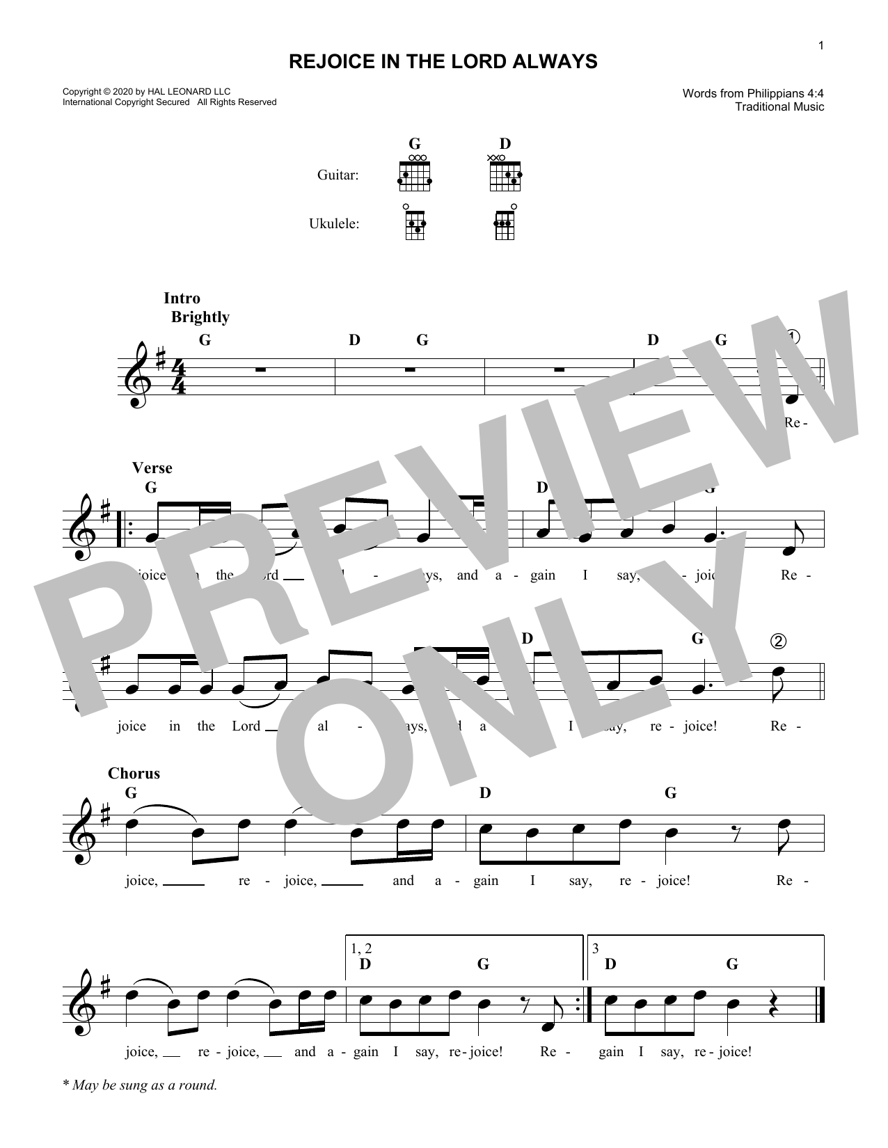 Traditional Rejoice In The Lord Always sheet music notes and chords arranged for 5-Finger Piano