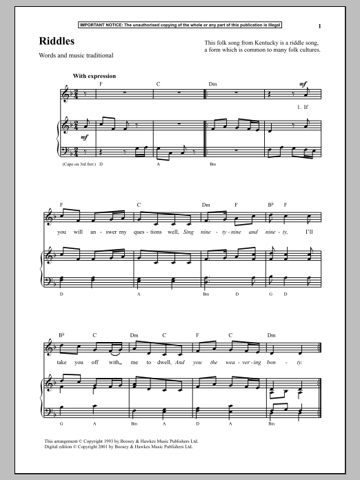 Traditional Riddles sheet music notes and chords arranged for Piano & Vocal