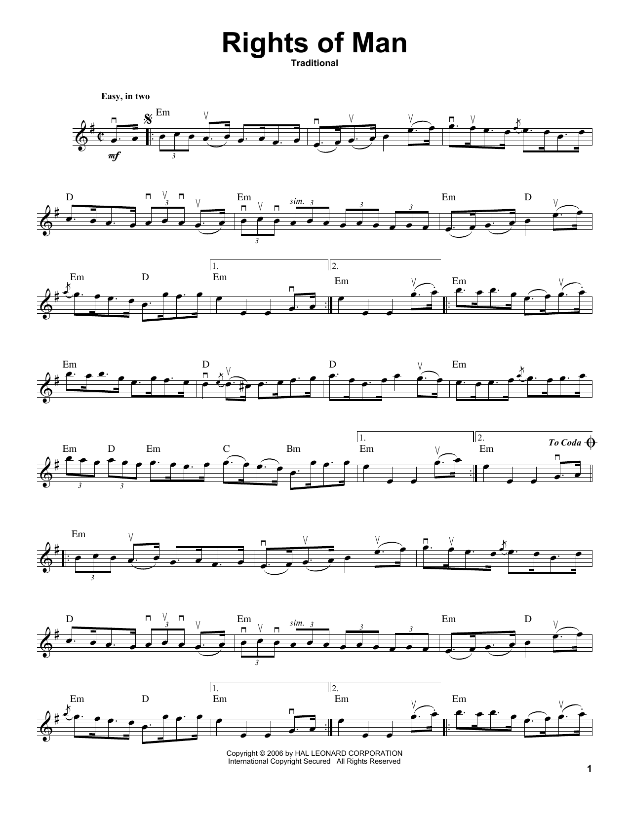 Traditional Rights Of Man sheet music notes and chords arranged for Violin Solo