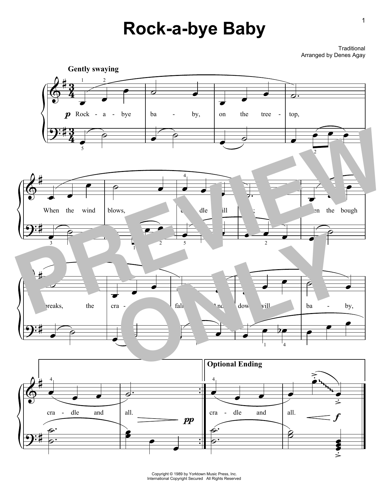 Traditional Rock-A-Bye, Baby (arr. Denes Agay) sheet music notes and chords arranged for Easy Piano