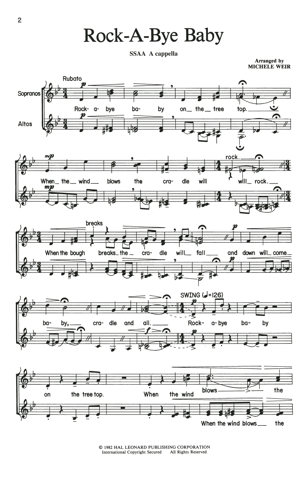 Traditional Rock-A-Bye, Baby (arr. Michele Weir) sheet music notes and chords arranged for SSAA Choir