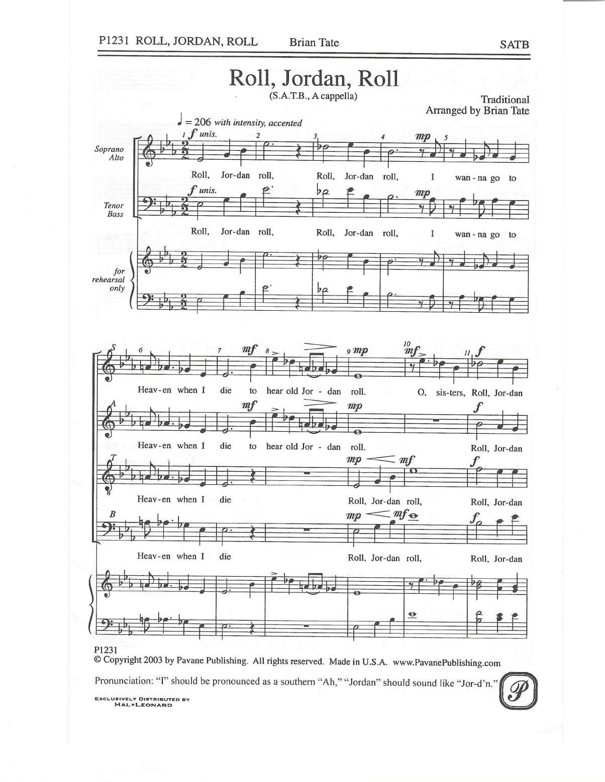 Traditional Roll, Jordan, Roll (arr. Brian Tate) sheet music notes and chords arranged for SATB Choir