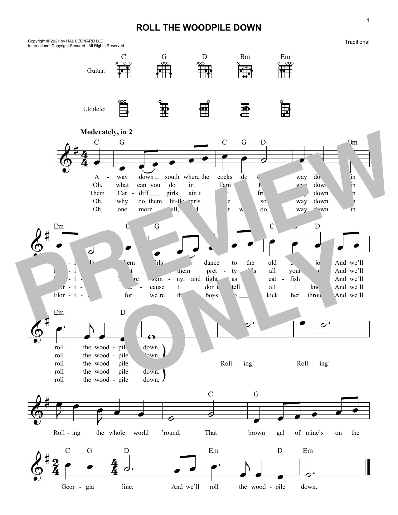 Traditional Roll The Woodpile Down sheet music notes and chords arranged for Lead Sheet / Fake Book
