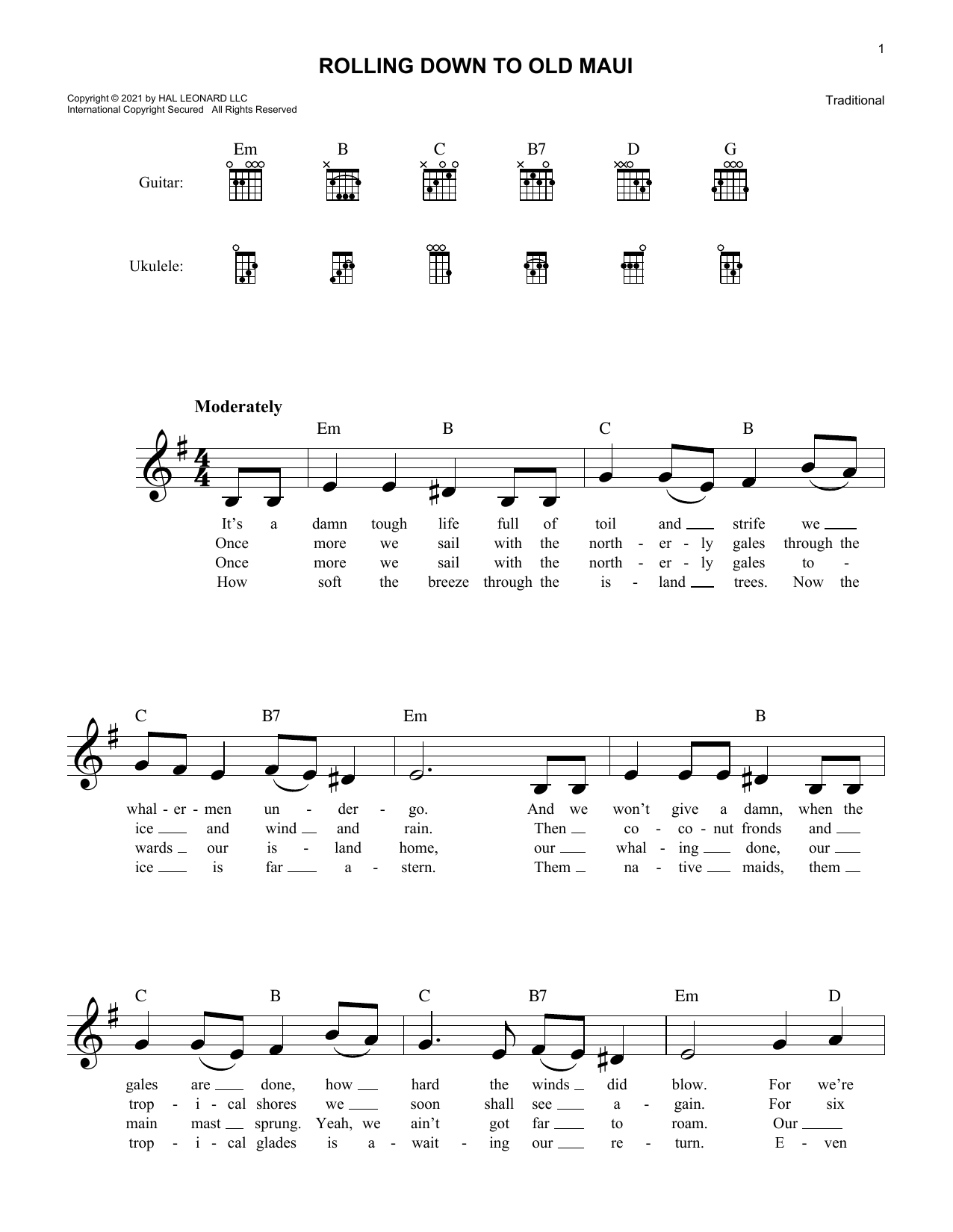Traditional Rolling Down To Old Maui sheet music notes and chords arranged for Lead Sheet / Fake Book