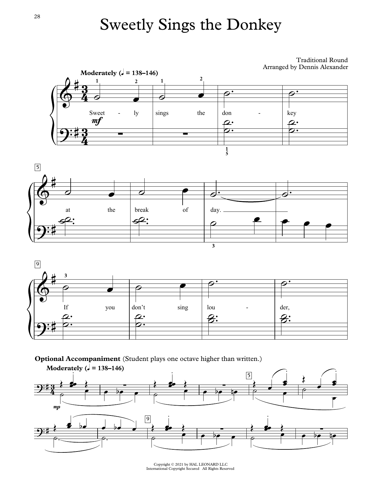 Traditional Round Sweetly Sings The Donkey (arr. Dennis Alexander) sheet music notes and chords arranged for Educational Piano