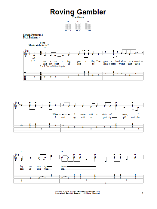 Traditional Roving Gambler sheet music notes and chords arranged for Easy Guitar Tab