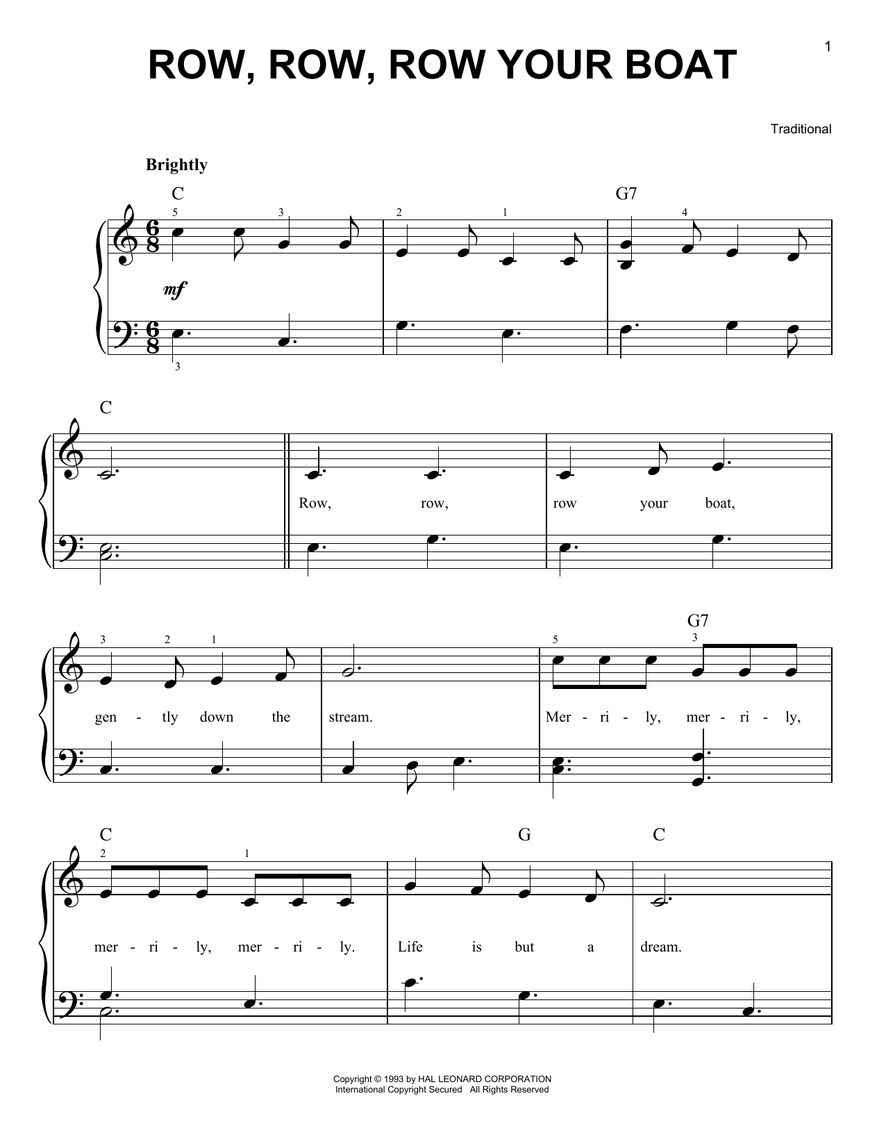 Traditional Row, Row, Row Your Boat sheet music notes and chords arranged for Easy Piano