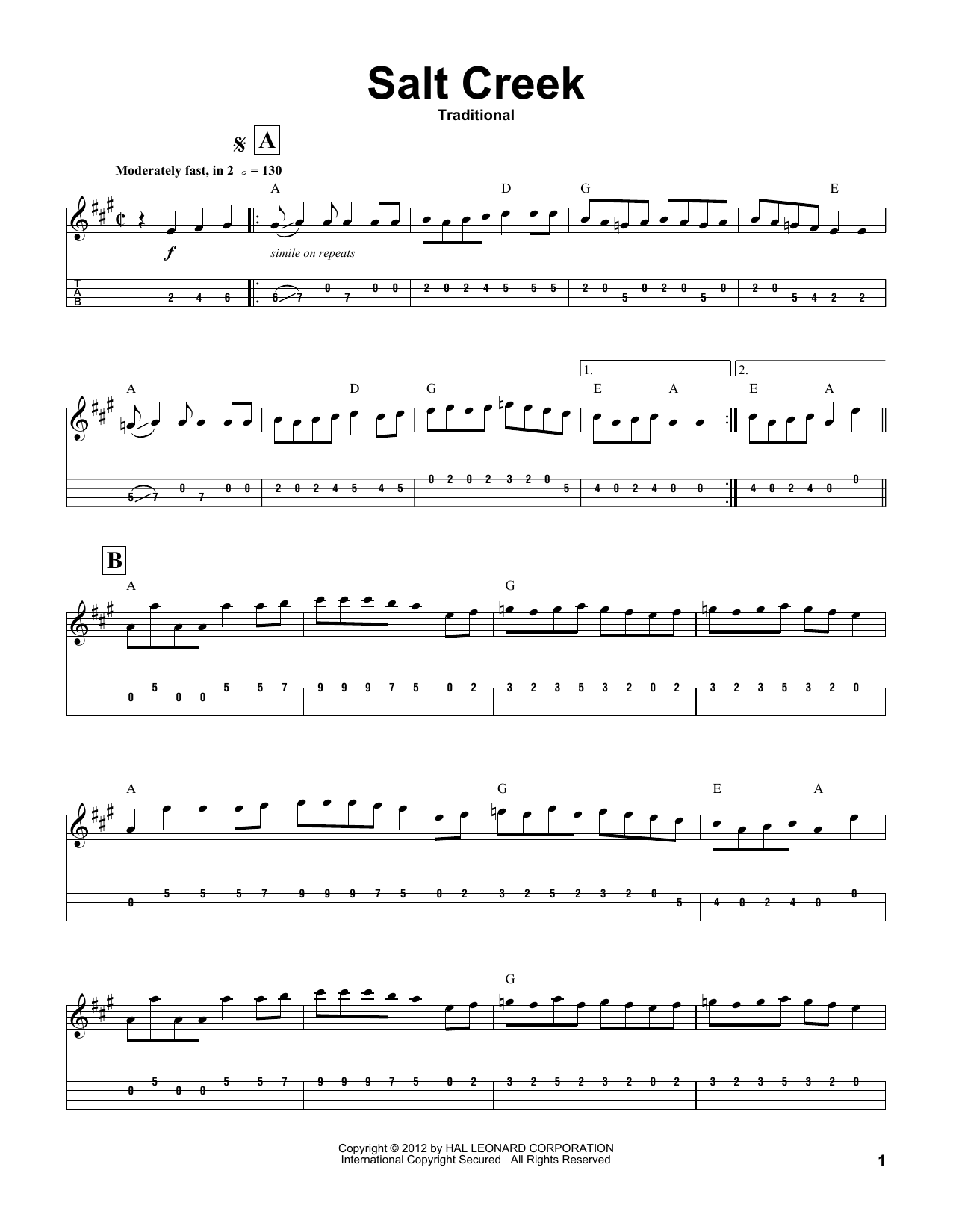 Traditional Salt Creek sheet music notes and chords arranged for Mandolin Tab