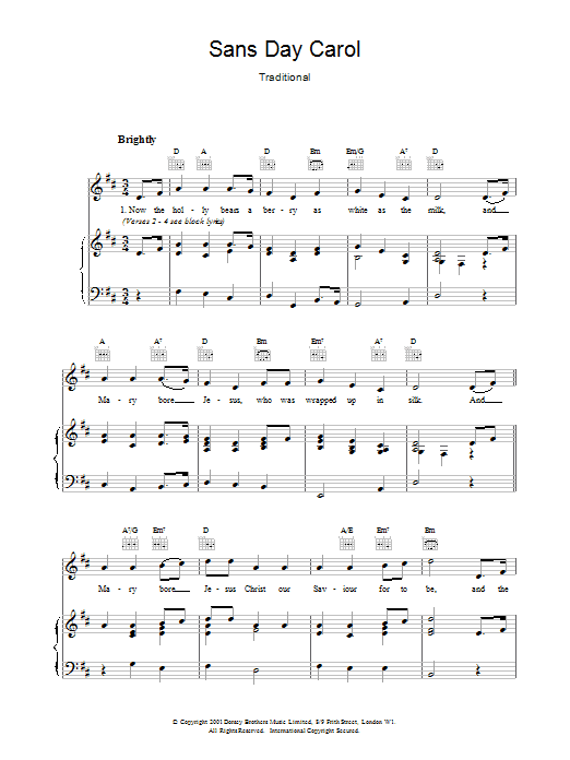 Traditional Sans Day Carol sheet music notes and chords arranged for Piano, Vocal & Guitar Chords