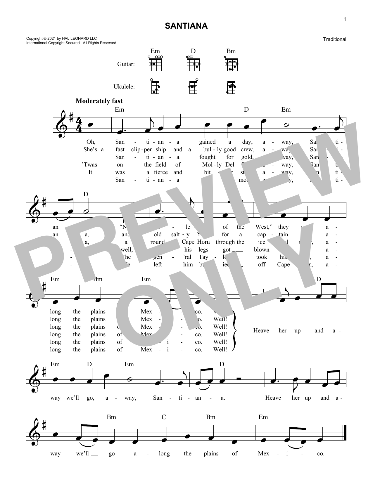 Traditional Santiana sheet music notes and chords arranged for Lead Sheet / Fake Book