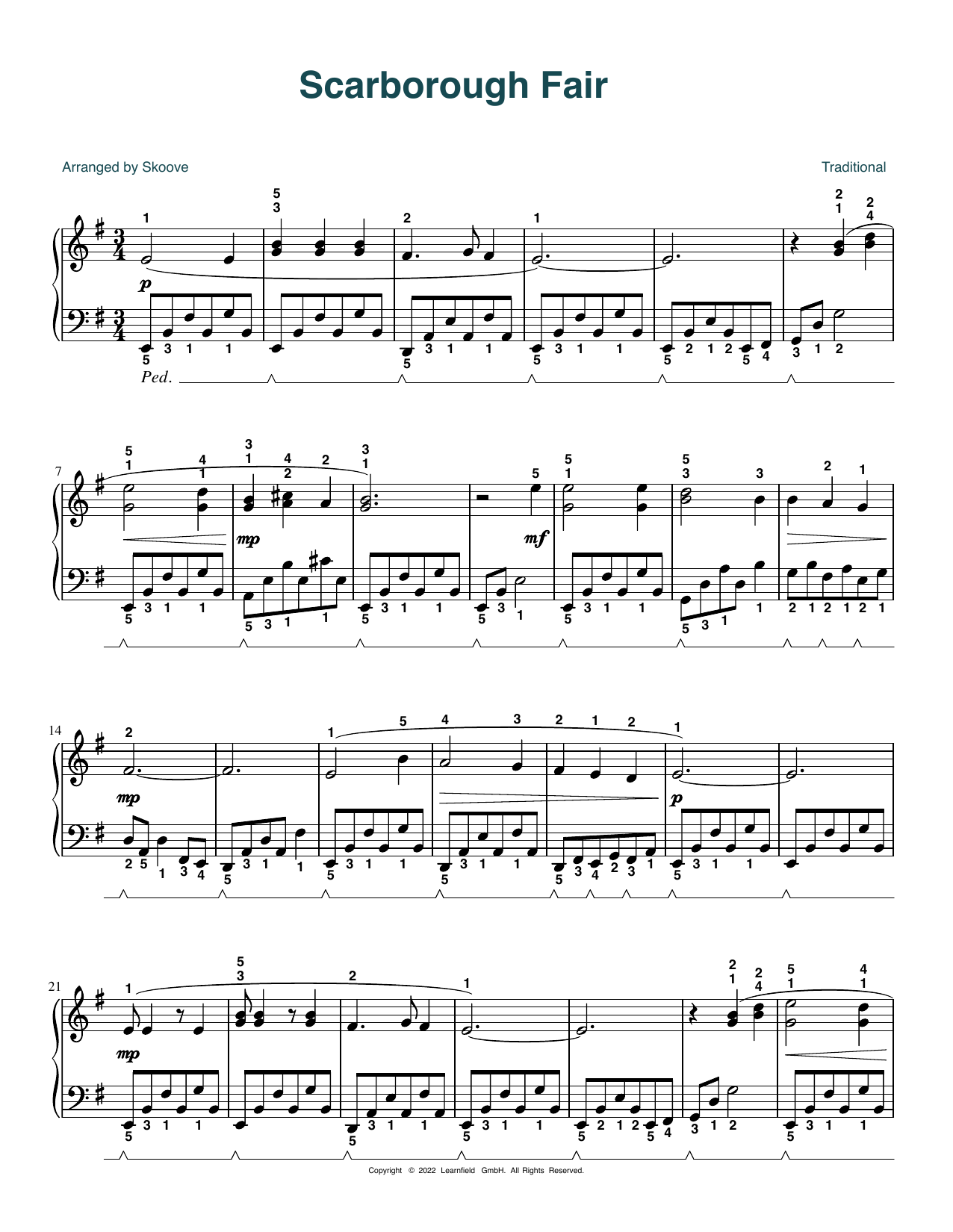 Traditional Scarborough Fair (arr. Skoove) sheet music notes and chords arranged for Beginner Piano (Abridged)