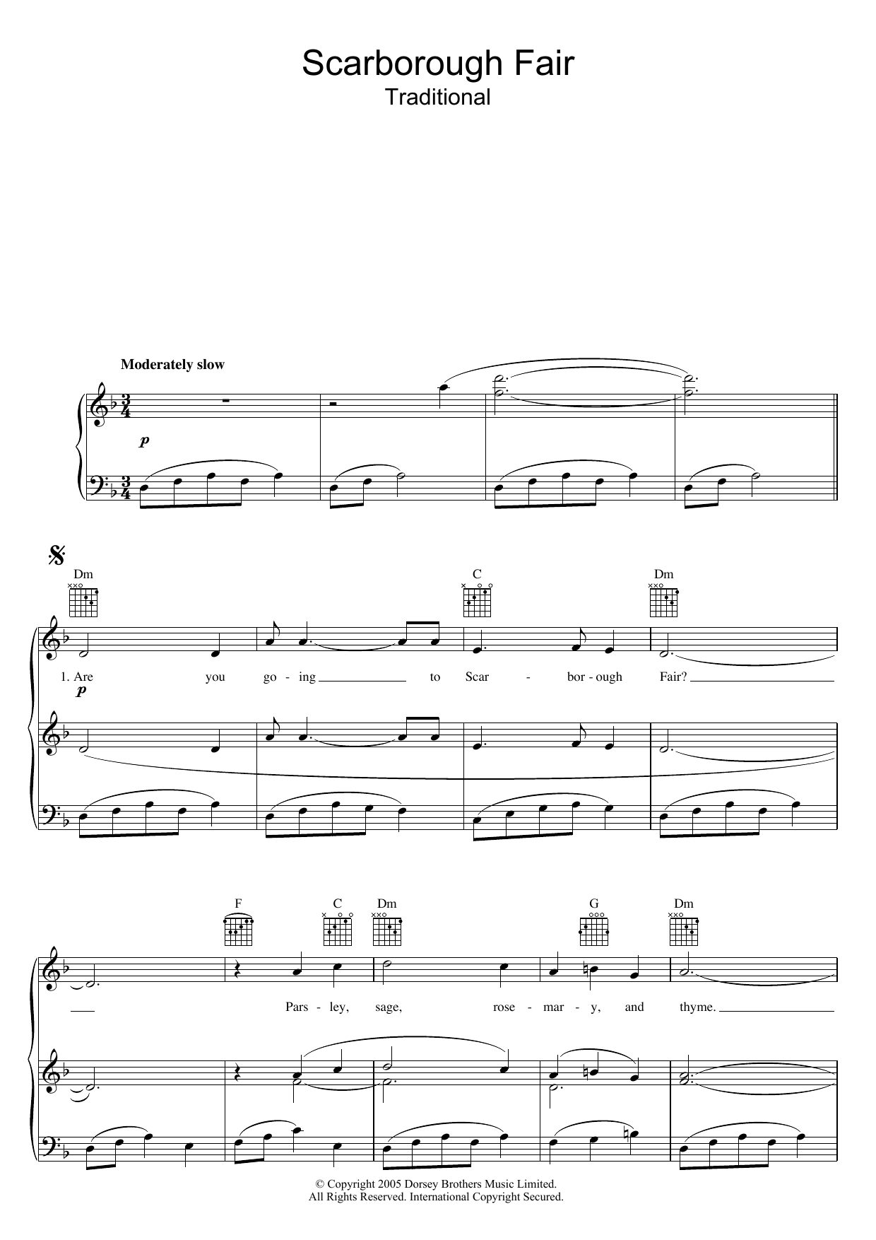 Traditional Scarborough Fair sheet music notes and chords arranged for Piano, Vocal & Guitar Chords