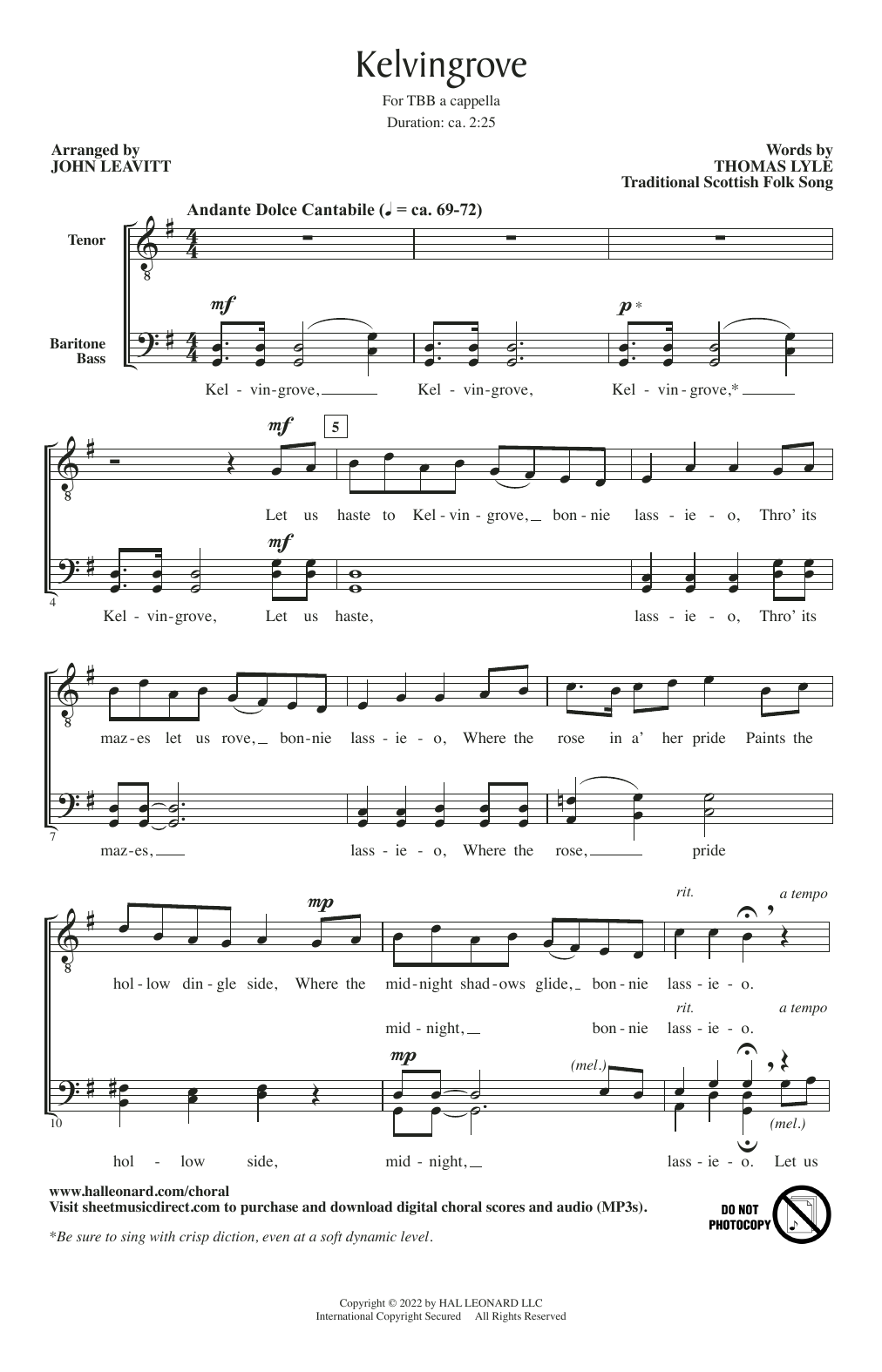 Traditional Scottish Folk Song Kelvingrove (arr. John Leavitt) sheet music notes and chords arranged for TBB Choir