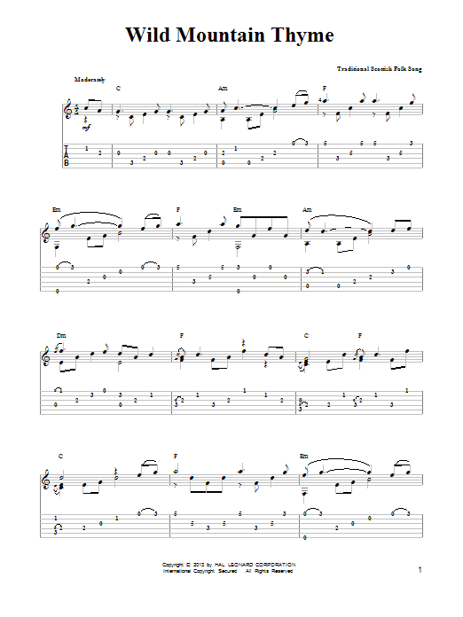 Traditional Scottish Folk Song Wild Mountain Thyme (arr. Mark Phillips) sheet music notes and chords arranged for Easy Guitar Tab