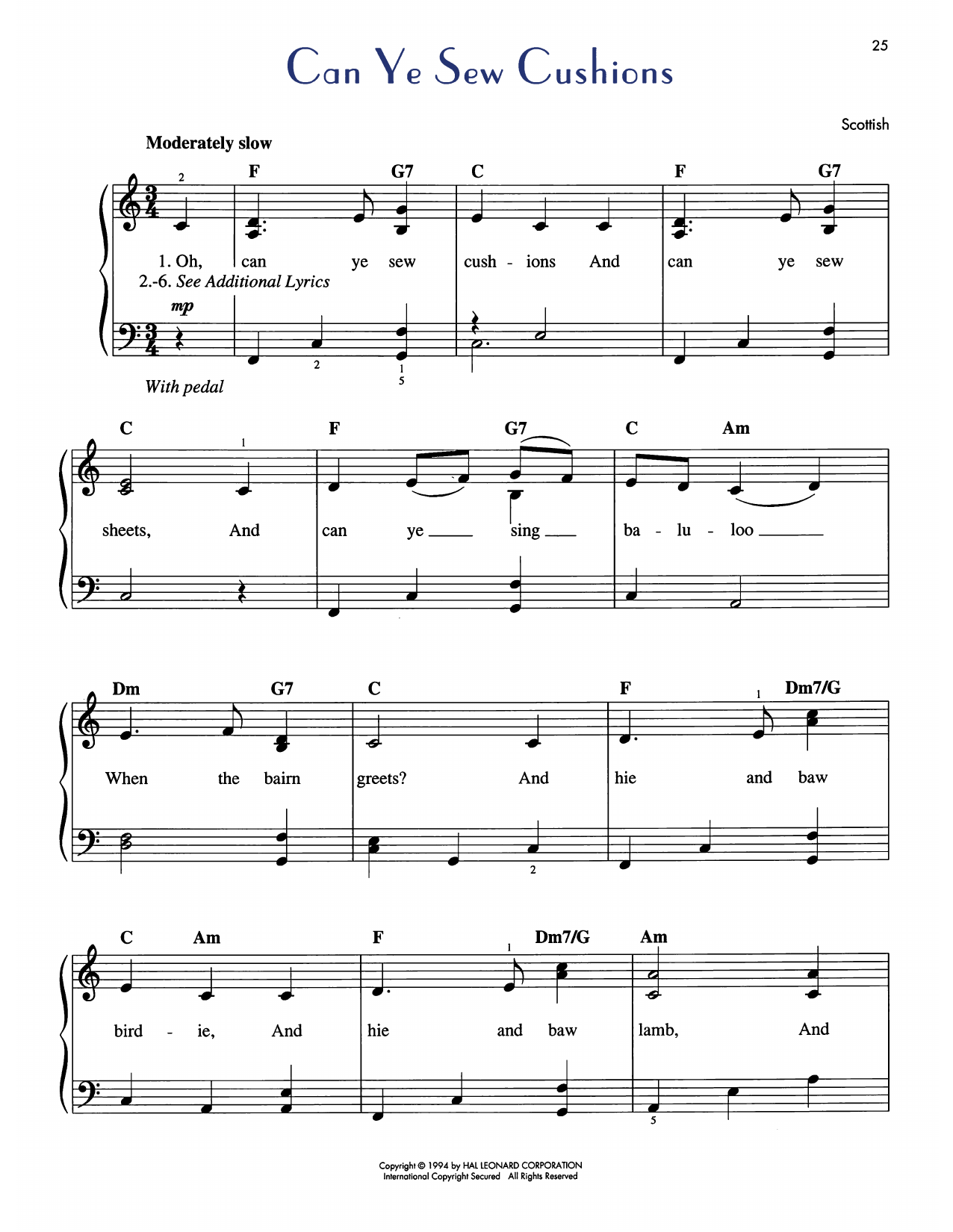 Traditional Scottish Lullaby Oh Can Ye Sew Cushions sheet music notes and chords arranged for Easy Piano