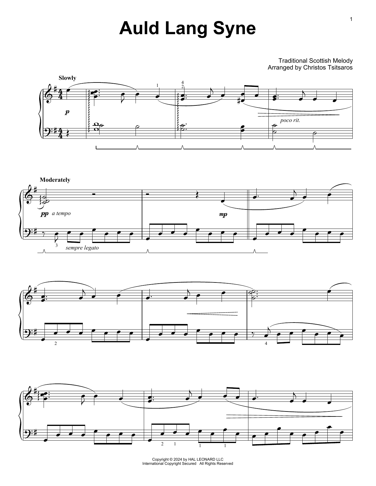 Traditional Scottish Melody Auld Lang Syne (arr. Christos Tsitsaros) sheet music notes and chords arranged for Easy Piano Solo