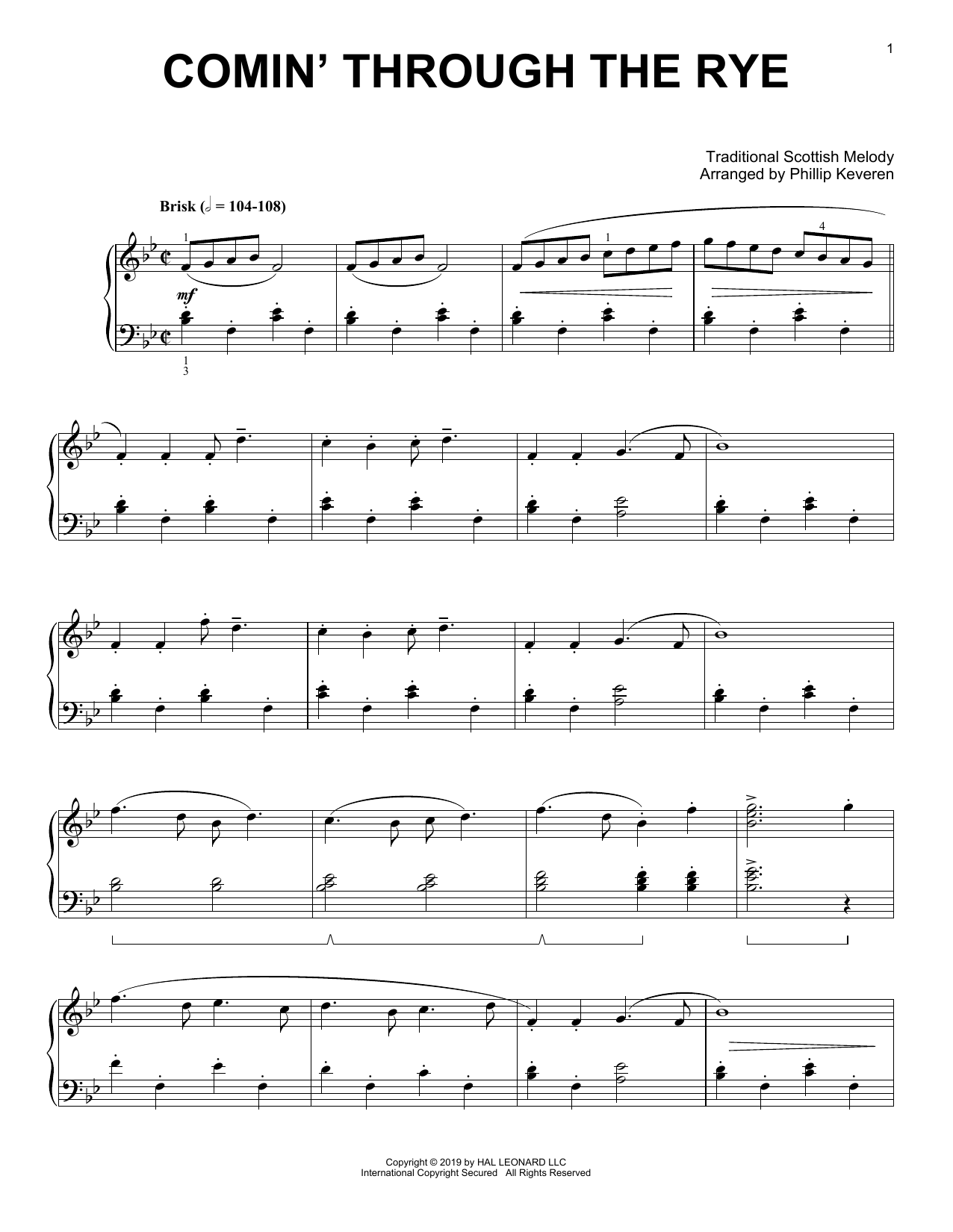 Traditional Scottish Melody Comin' Through The Rye (arr. Phillip Keveren) sheet music notes and chords arranged for Piano Solo
