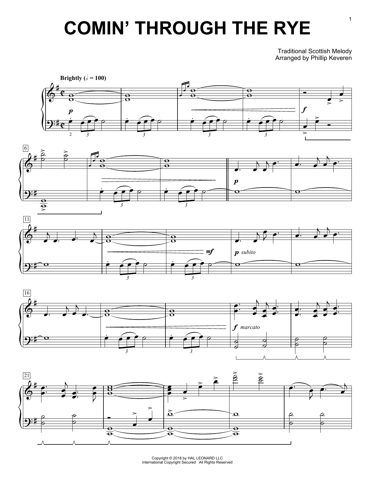 Traditional Scottish Melody Comin' Through The Rye [Classical version] (arr. Phillip Keveren) sheet music notes and chords arranged for Piano Solo