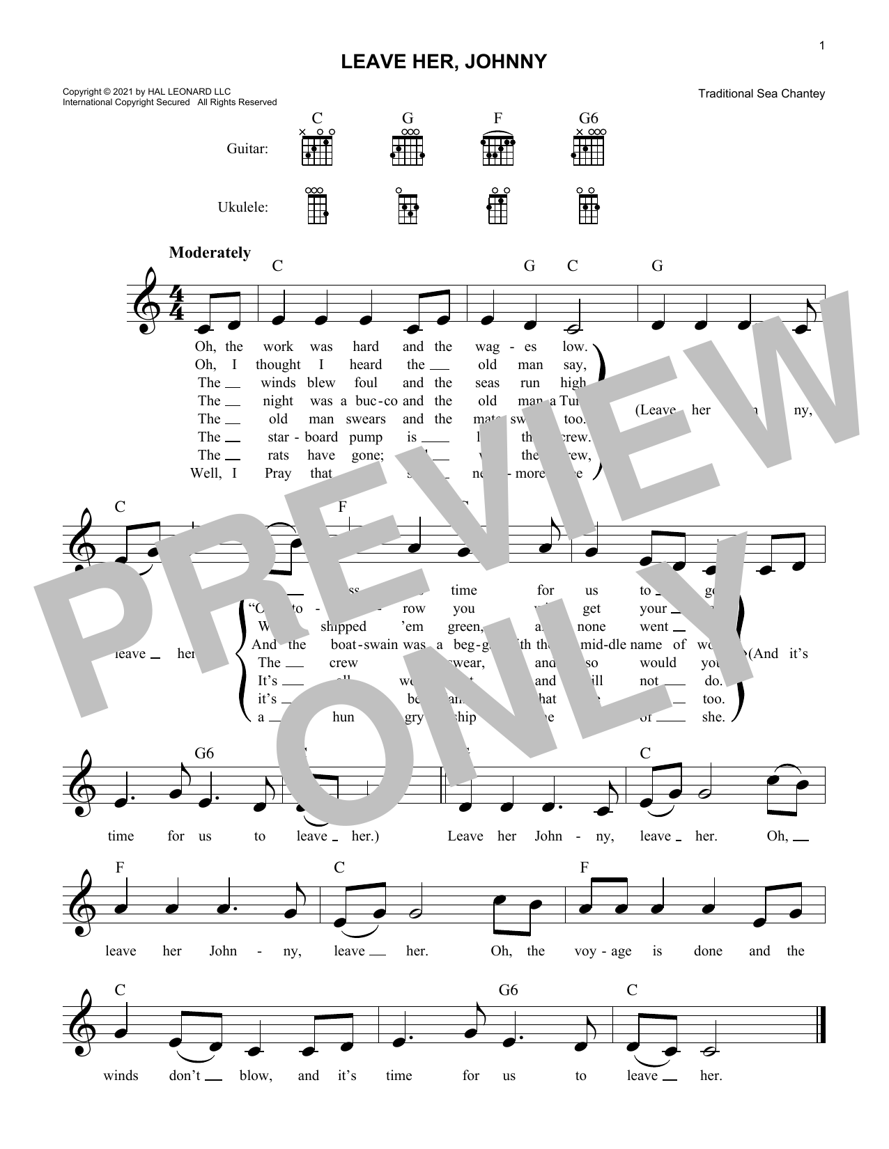 Traditional Sea Chantey Leave Her, Johnny sheet music notes and chords arranged for Lead Sheet / Fake Book